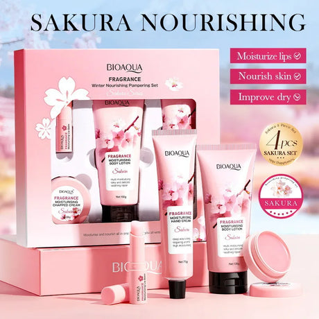 4pcs/set BIOAQUA Sakura Skin Care Sets Moisturizing Cream for Body Hand Cream Lip Balm Body Lotion Anti-Aging Skin Care Kit
