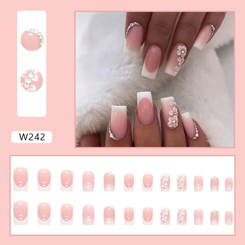 24 PCs Short French Simple Flower Pile Drill Nails with 1 Jelly Glue and 1 Nail File