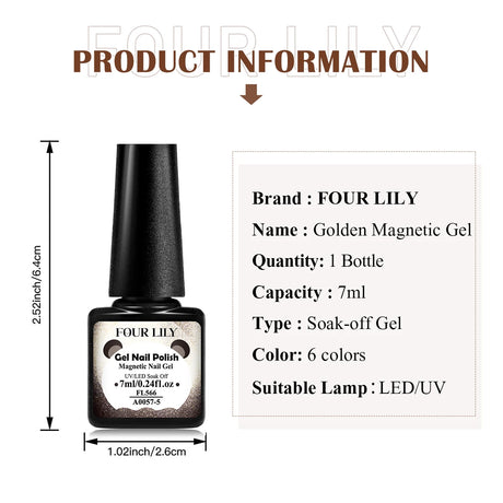 Four Lily 7ml Golden Magnetic Nail Gel Polish Glitter Champagne Gold Nail Art Decorations UV/LED Vernis Gel for Nails Manicure