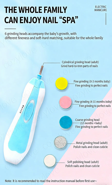 Electric Baby Nail Trimmer Set with 6 Grinding Heads | Safe Infant Nail File for Newborns & Toddlers, 4 Color Options