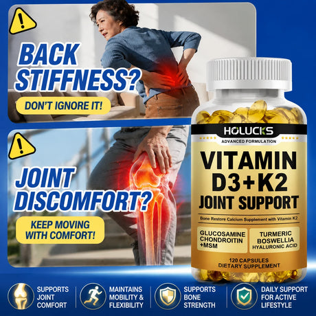 Advanced Vitamin D3 K2 Joint Support Supplement, for Heart & Bone Health, Cardiovascular & Immune Support, Calcium Absorption