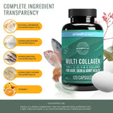 Multi Collagen Pills for Women and Men - Type I, II, III, V, X - 120 Capsules W/Vitamin C for Hair, Skin, Nails