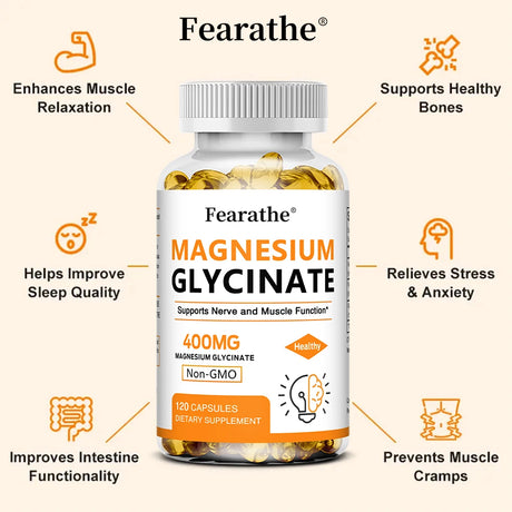 Magnesium Glycinate 400mg Capsules, Support Muscle, Bone, Heart, Nerve, Sleep Quality & Immune System Health, Non-GMO