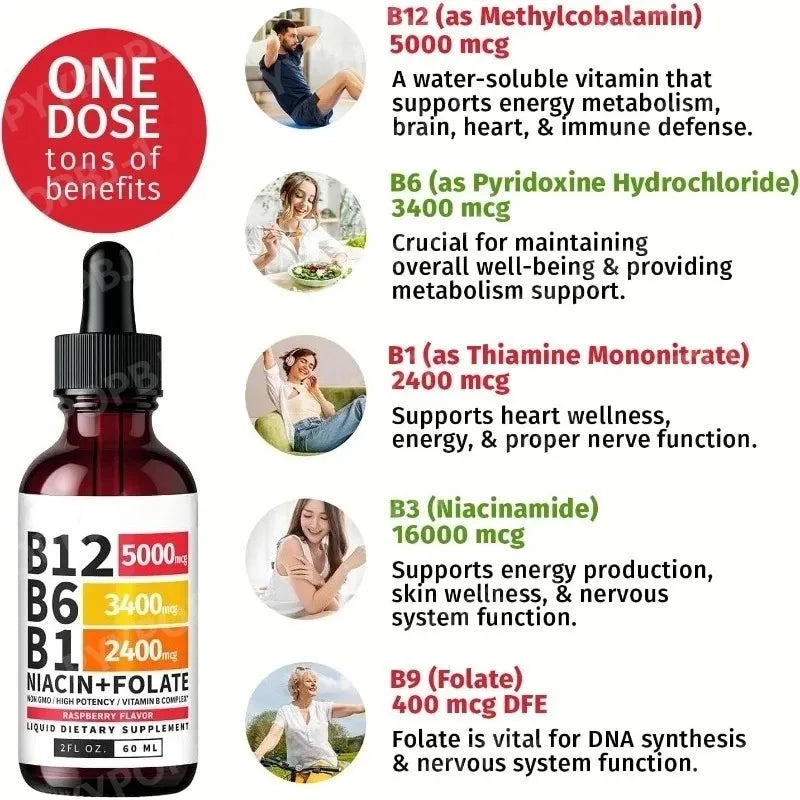 Vitamin B12 Liquid Drops 60ml Raspberry Flavor with Vitamin B6+B1 Etc Multivitamin Support Energy Recovery & Brain,Heart Health