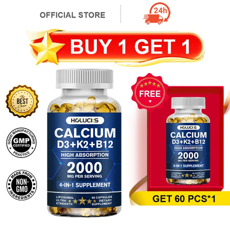 HOLUCKS Calcium D3+K2+B12 Capsules, with Calcium & Vitamin D3, Support Bone, Muscle & Heart Health