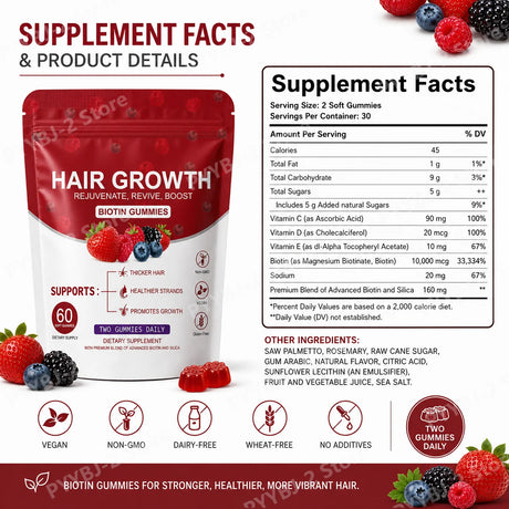 Women Hair Growth Vitamin Gummies Healthy Nourishment with Biotin Collagen Botanical Extracts Also for Skin Nail Care 60count