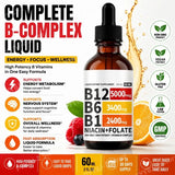 Vitamin B12 Liquid Drops 60ml Raspberry Flavor with Vitamin B6+B1 Etc Multivitamin Support Energy Recovery & Brain,Heart Health