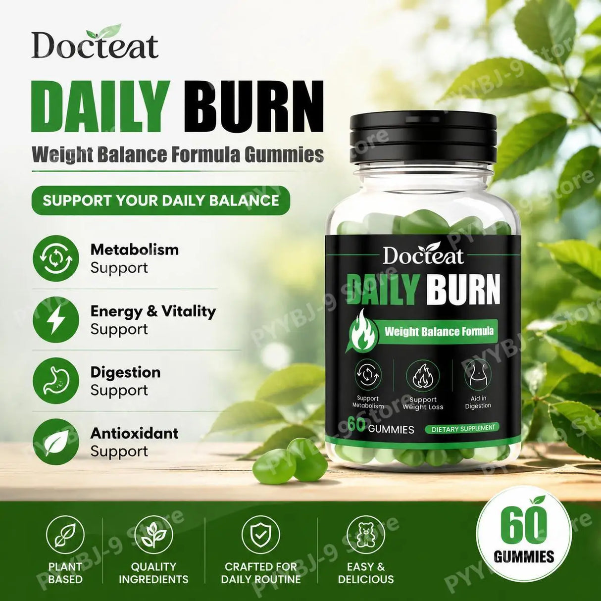 Docteat Daily Burn Gummies, Weight Balance, Metabolic Support, Digestive Comfort, Antioxidant, Energy & Vitality - 60 Count