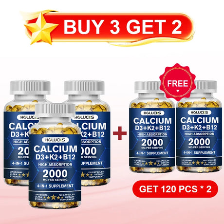 HOLUCKS Calcium D3+K2+B12 Capsules, with Calcium & Vitamin D3, Support Bone, Muscle & Heart Health