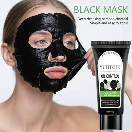 YUITIKUE Blackhead Mask 60g - Bamboo Charcoal & Dead Sea Mud, Deep Cleanse Pores, Oil Control, Peel-off Black Mask, Easy to Use