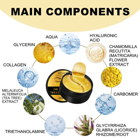 EELHOE 24k Gold Under Eye Patches 60 Pcs Eye Mask Pure Gold Anti-Aging Collagen Hyaluronic Acid Under Eye Mask