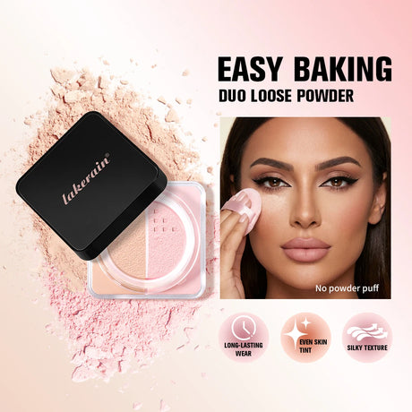 2 in 1 Bake Loose Powder Brightening&Correcting Duo Brightening Correcting Blurred Pores Matte LongLasting Setting Powder Makeup