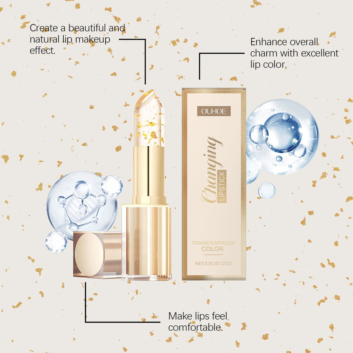 24K Gold Foil Vitamin E Lip Balm Crystal Jelly Lipstick,Moisturizing Lip Care for Dry Lips,Long-Lasting Hydrating Tint