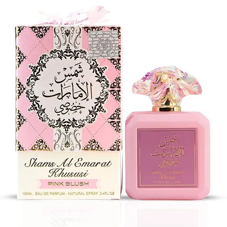 Ard al Zaafaran Pink Blush Shams Al Emarat Khususi， Cotton candy powder blusher women's perfume, light essence -100ml (3.4oz) romantic and sweet Arabian perfume - charming fragrance, pink bottle packaging