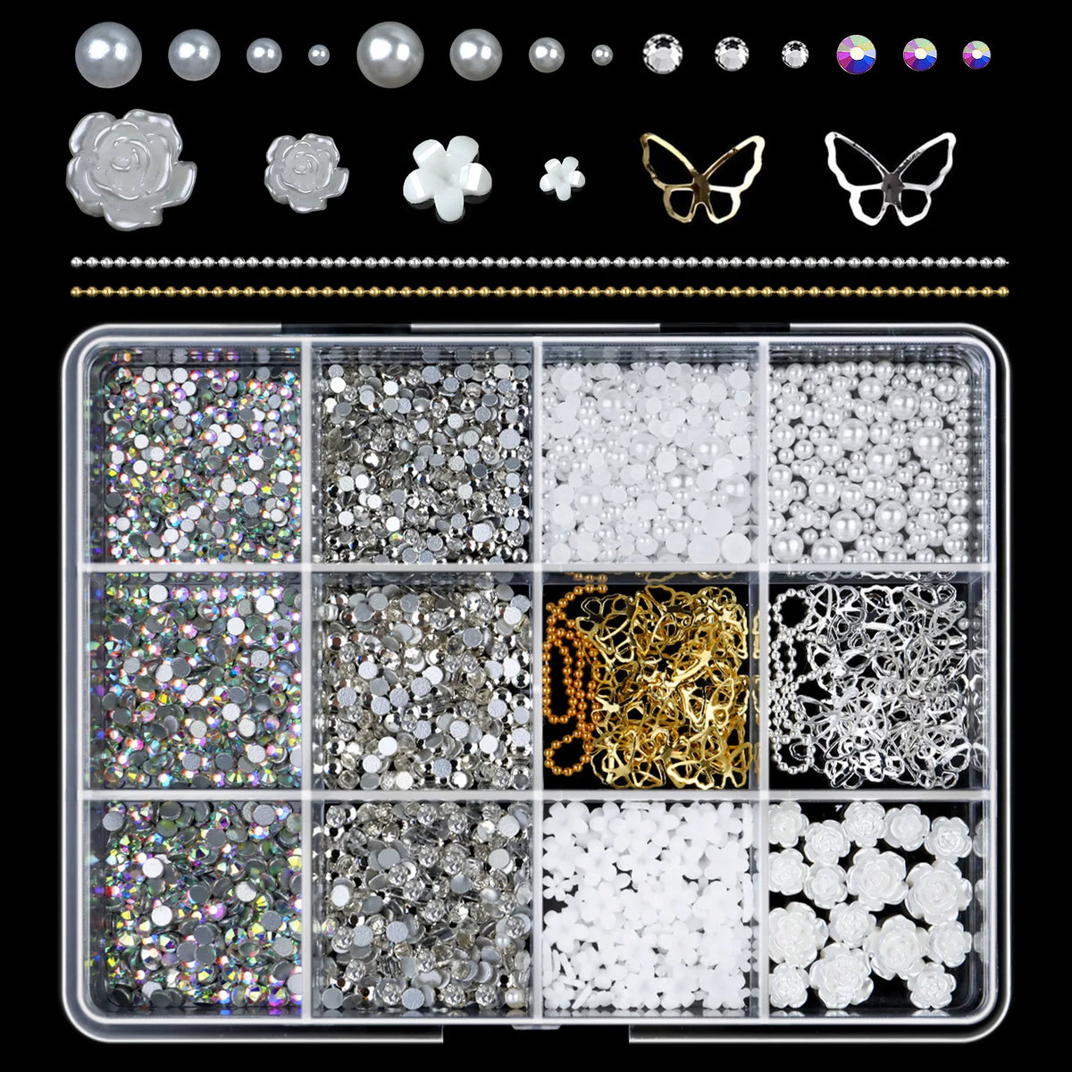 12Grids/Box 3D Mixed Bowknot Pearl Heart Nail Charms Flatback Resin Flower,Star,Moon Nail Rhinestones DIY Nail Art Decorations &