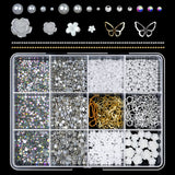 12Grids/Box 3D Mixed Bowknot Pearl Heart Nail Charms Flatback Resin Flower,Star,Moon Nail Rhinestones DIY Nail Art Decorations &