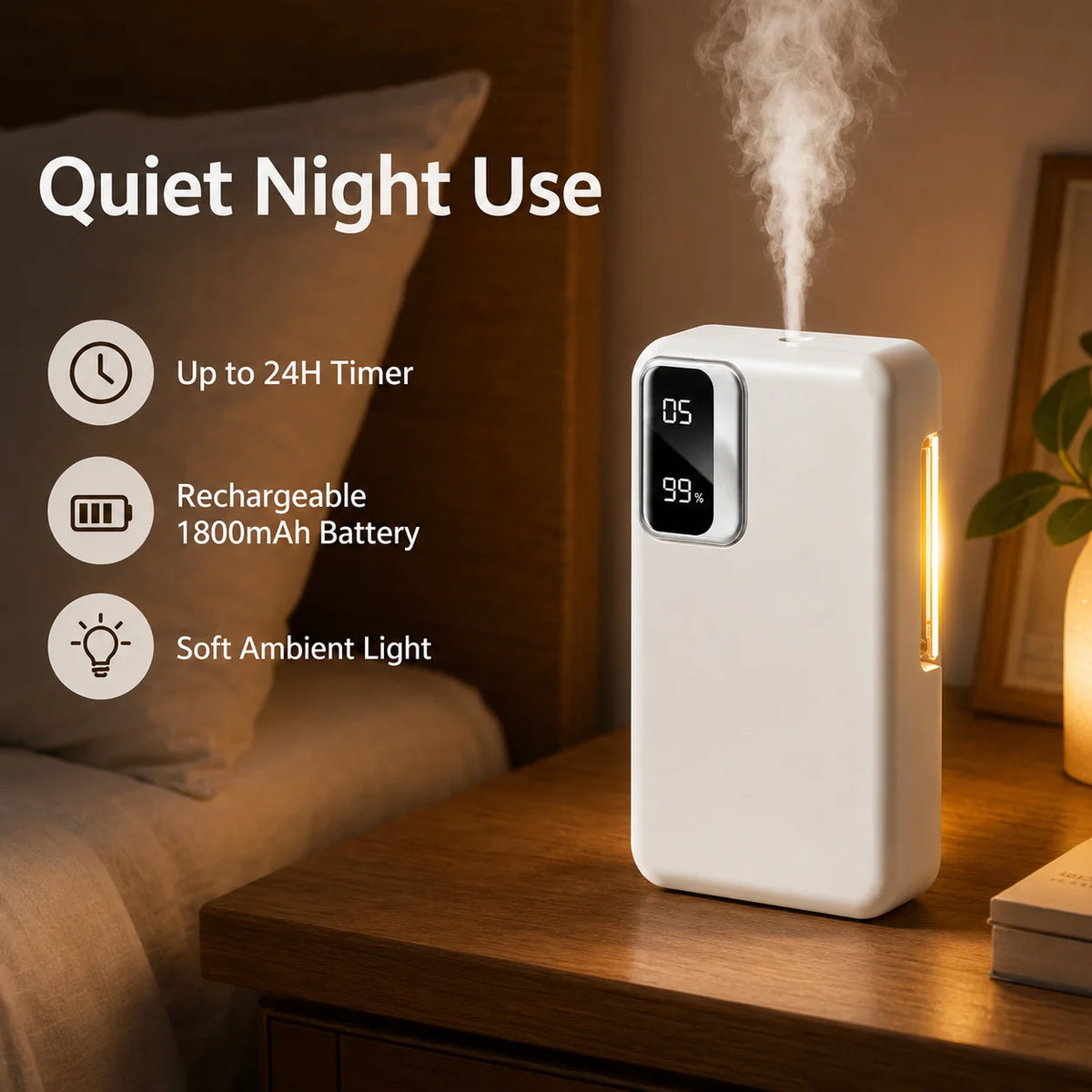 Smart Aroma Diffuser, 1800mAh Rechargeable Aromatherapy Machine, Automatic Fragrance Sprayer, Wall Mounted or Desktop Air Freshener with Ambient Night Light, 7 Spray Levels, 24H Timer for Bathroom Bedroom Office Hotel Home
