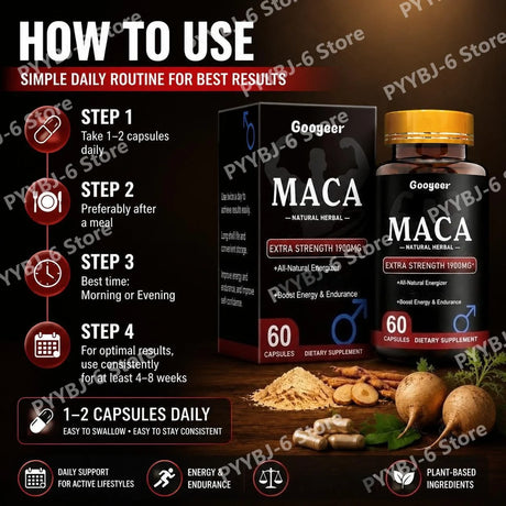 Googeer Maca Capsules with Maca Panax Ginseng and Ashwagandha Supports Energy and Endurance 60 Capsules