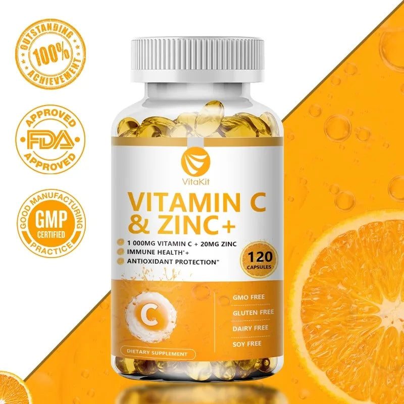 Vitakit Vitamin C 1000mg with Zinc 20mg 120 Capsules Vitamin Dietery Supplement | Non-GMO & Gluten Free Vegan