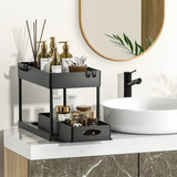 2 Tier Under Sink Sliding Storage Basket Multifunctional Organizer Rack with Hooks Hanging Cup Space-saving for Bathroom Kitchen