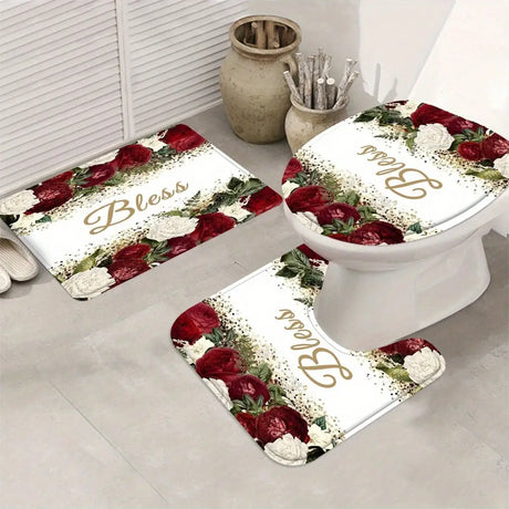 1/4pcs Complete Bathroom Set with Rose Blessing Printed Pattern, Elegant Modern Design for Home Decor, Shower Curtain