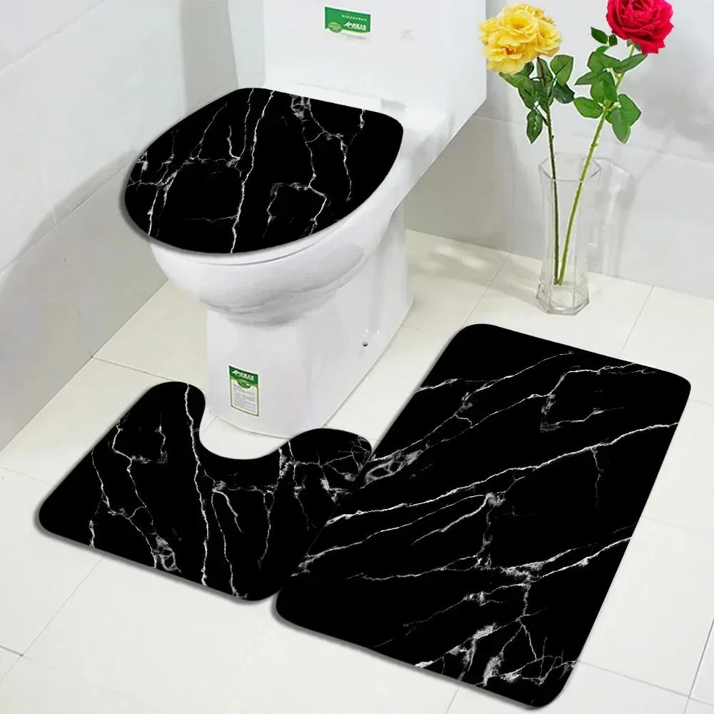 Abstract Marble Bath Mat Sets Modern Geometric Gold Lines Blue Texture Pattern Bathroom Decor Carpet Non-Slip Rugs Toilet Cover