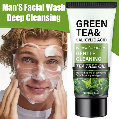 Men's Facial Wash 60g - Green Tea & Salicylic Acid, Deep Cleansing, Oil Control, Tea Tree & Charcoal, For Men