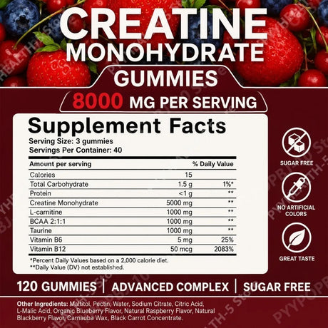 Creatine Monohydrate Gummies And Vitamins NEW 8000 mg SUGAR FREE