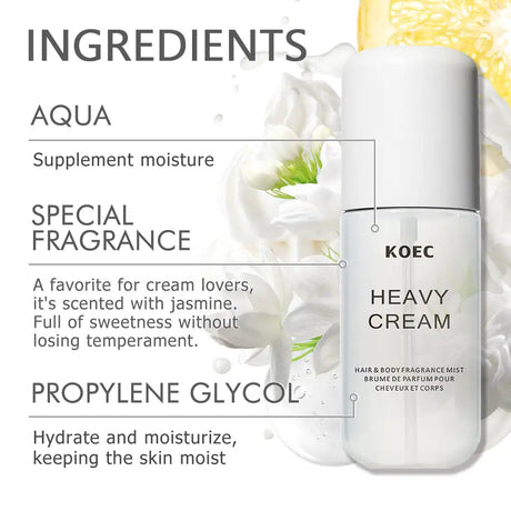 50ml KOEC Heavy Cream Fragrance Mist Perfume Moisturizing Refreshing Triple Notes Jasmine Vanilla Lemon Sugar Propylene Glycol