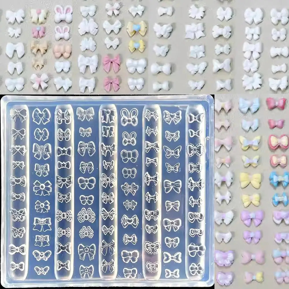 1Pcs 3D Bowknot Silicone Nail Art Mold 90Shapes Sweet Ribbon Nails Templates DIY Design Manicure Stencils For Nail Charms Molds