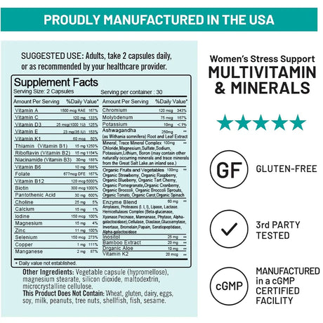 Organic Multivitamin for Women - Whole Food with B-Complex, Vitamin C, D3 & K2 for Immunity, Stress, Hair, Skin & Nails