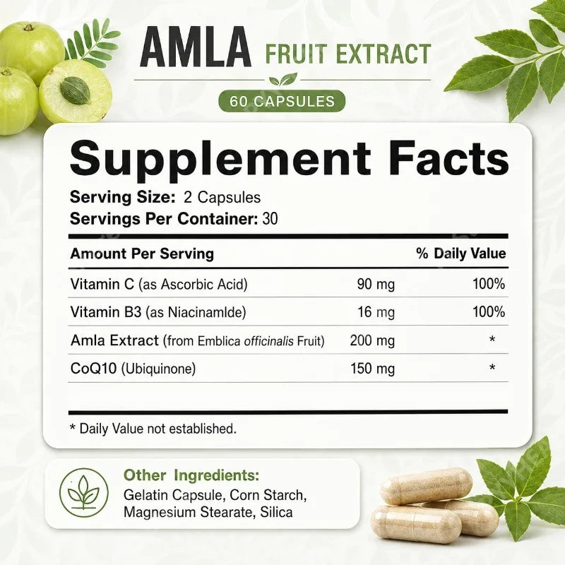 Docteat Amla Fruit Extract Capsules Daily Energy Stress Balance Skin Vitality Support for Men and Women 60 Capsules