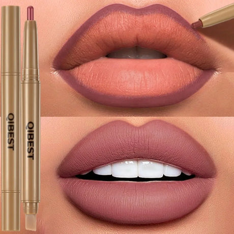 Double Head Black Lip Liner&Brush Pen Mist Matte Velvet Contour Tint Lipstick Pencil Long Lasting Nude Brown Natural Lip Makeup