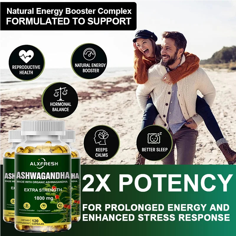 Alxfresh Pure Ashwagandha Root Extract Capsules 1800mg for Natural Mood, Stress, Focus, Brain, Energy , Sleep Health Support