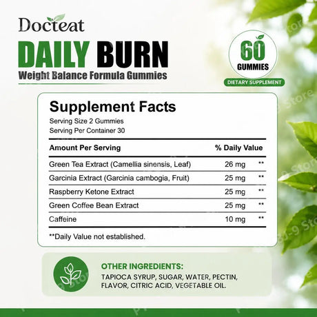 Docteat Daily Burn Gummies, Weight Balance, Metabolic Support, Digestive Comfort, Antioxidant, Energy & Vitality - 60 Count