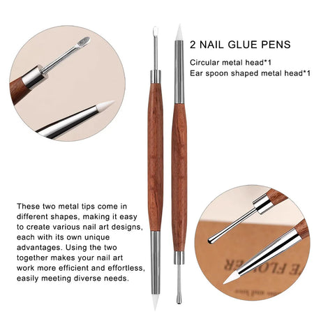 2Pcs Silicone Nail Art Carving Pen Double-Ended Nail Sculpting Tool with Wooden Handle for 3D Gel Modeling Painting and Design