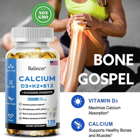 Calcium + D3 + K2 + B12 Capsules - Support Bone and Muscle Health, Replenish Joints