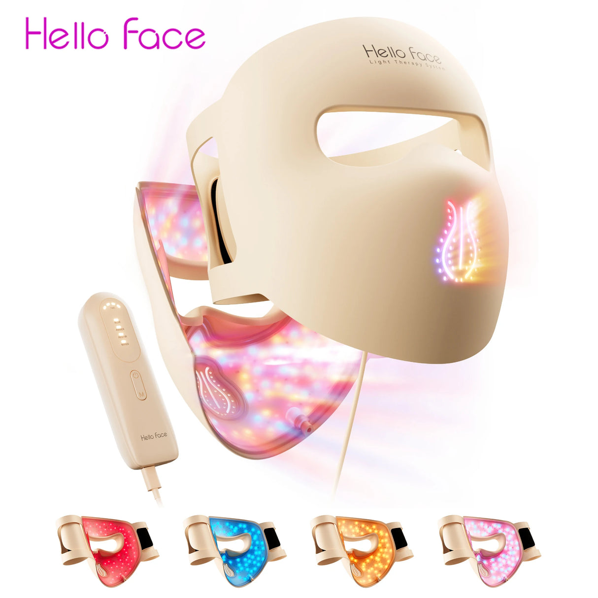 Hello Face M300 4D LED Light Therapy Mask 311 LEDs, 4 Modes, Anti-Aging & Acne Care, Ergonomic Silicone Design, Visual Comfort