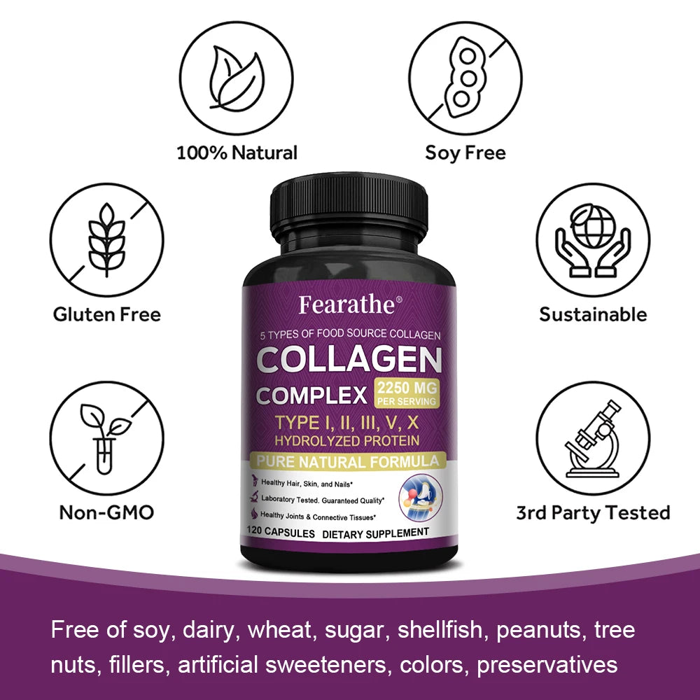 Multi Collagen Complex Capsules, 5-Type Collagen Peptides, Support Skin Hair Nail Joint Bone Nutrition Immune & Digestive Health