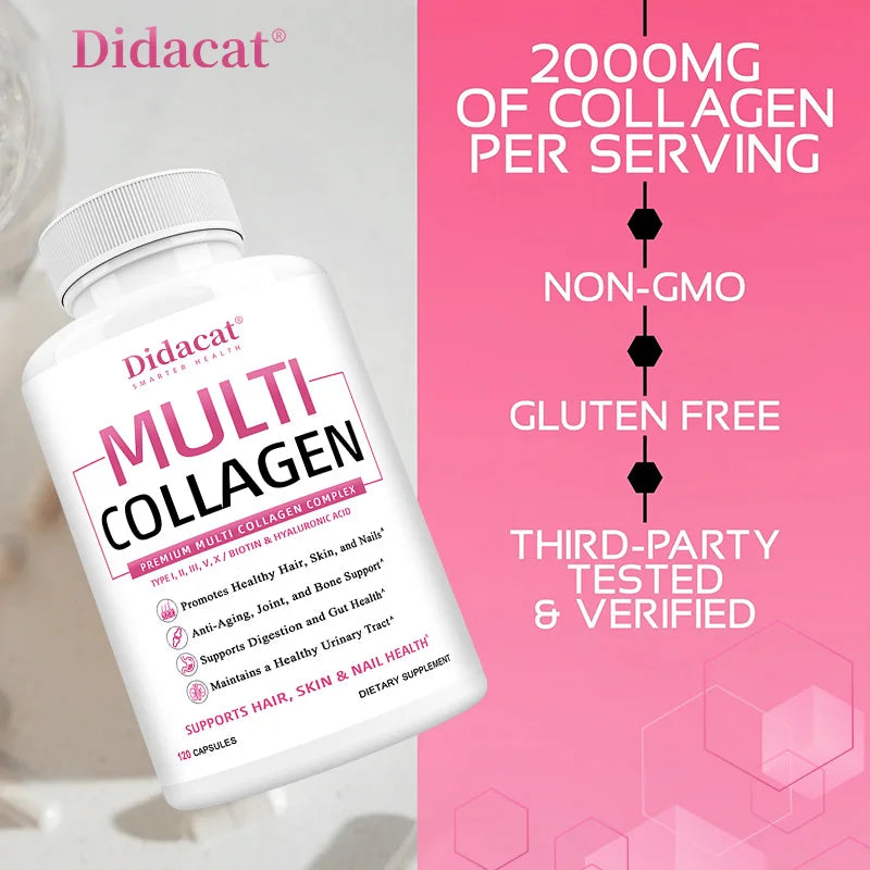 Multi Collagen Capsules Type I II III V X, Anti-Aging Supports Radiant Skin, Strong Hair Nails, Joint Cartilage & Bone Health