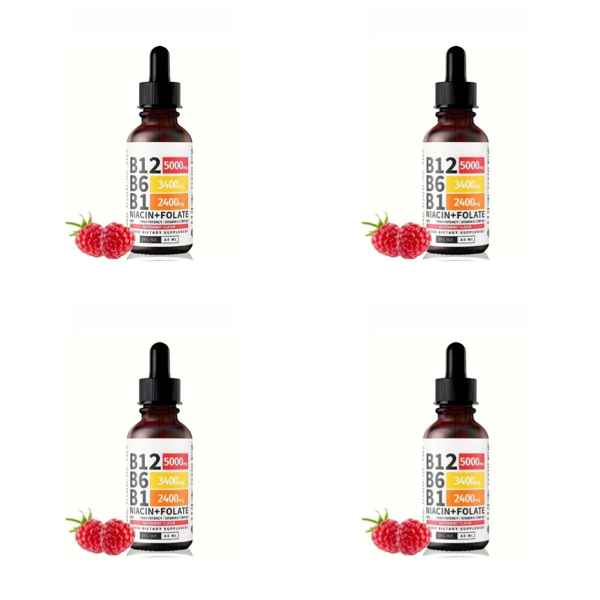 Vitamin B12 Liquid Drops 60ml Raspberry Flavor with Vitamin B6+B1 Etc Multivitamin Support Energy Recovery & Brain,Heart Health