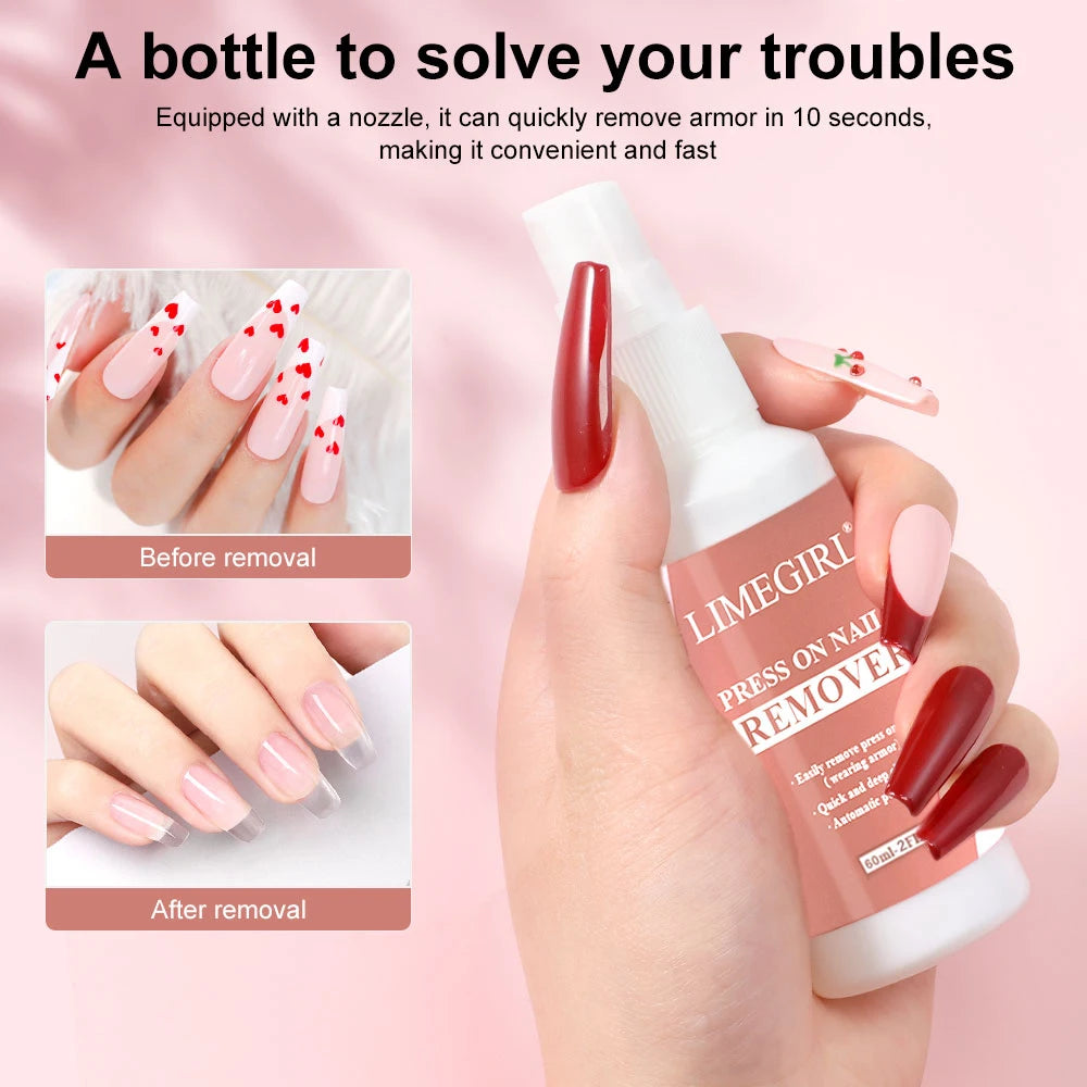 LIMEGIRL 60ml Nail Remover Gel Remover Nail Liquid Easy Soften Remove Fake Nails Solid Adhesive Press-On Nail Gel Remover Tool