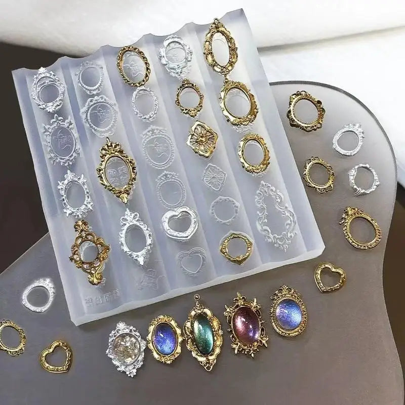 Retro Picture Frame Gem Baroque Shell Carving 3D Relief Manicure Templates Nail Art Transparent Silicone Nail Mold