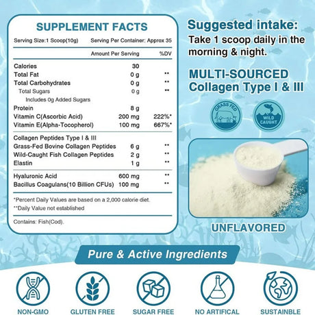Marine Collagen Peptides Powder Type I & III with Hyaluronic Acid Vitamin C Unflavored Beauty Supplement Skin Hair Nails 12.35oz